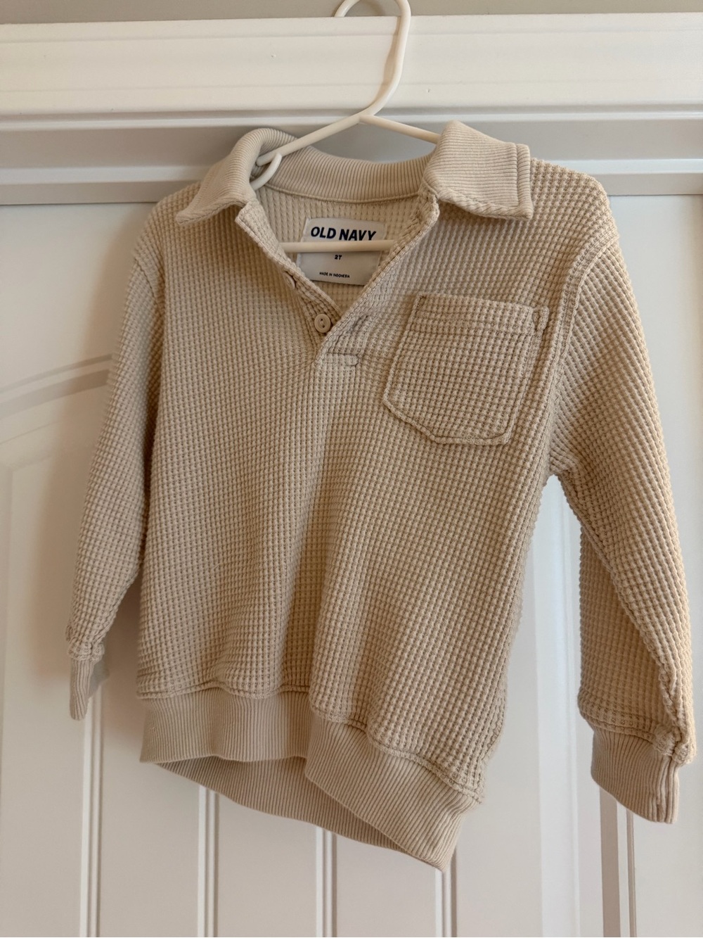 Old Navy Cream Waffle-Knit Long Sleeve Polo Shirt